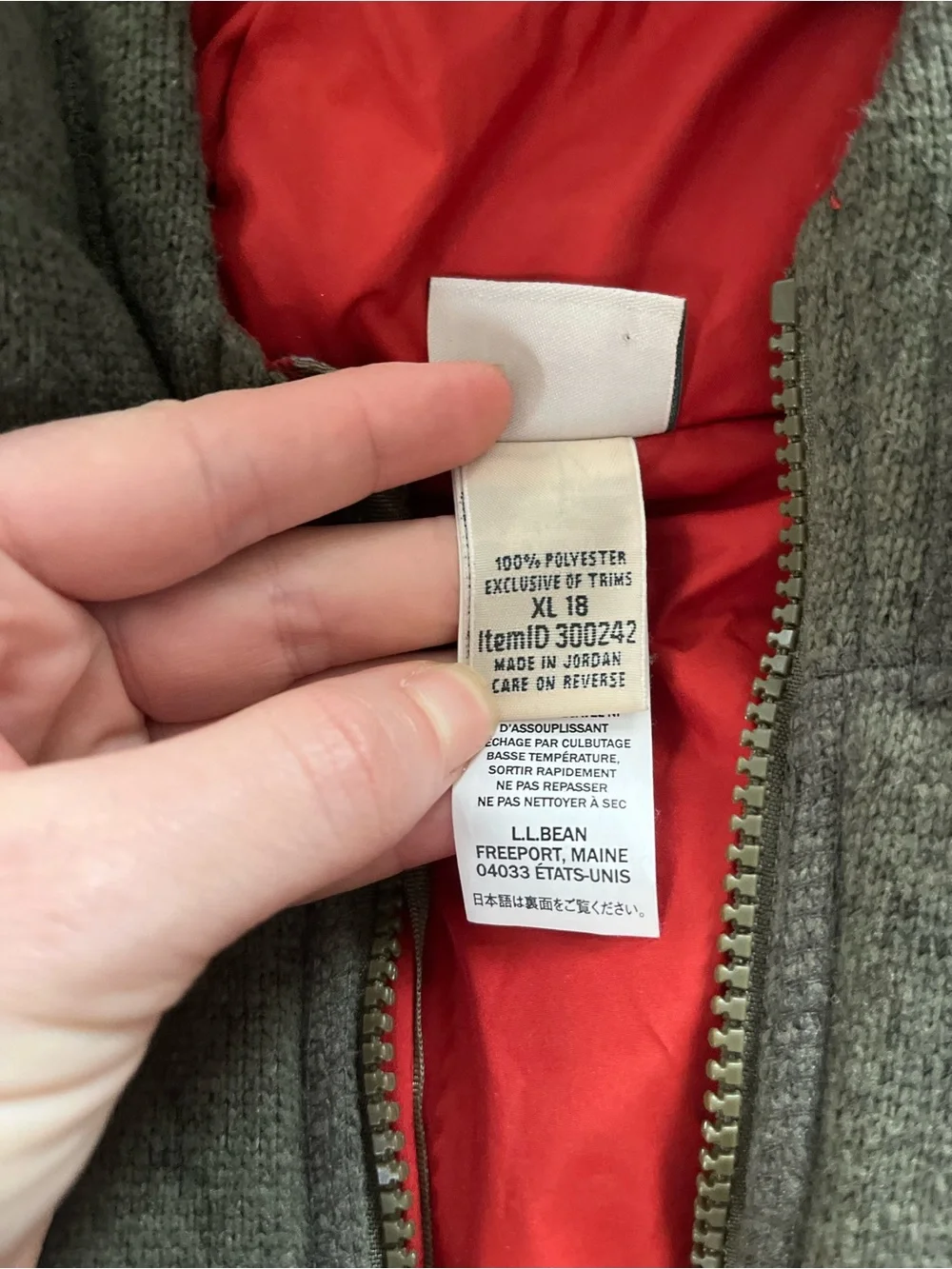 LL Bean Kids Hooded Fleece Jacket - Olive Green with Red Lining size XL / 18